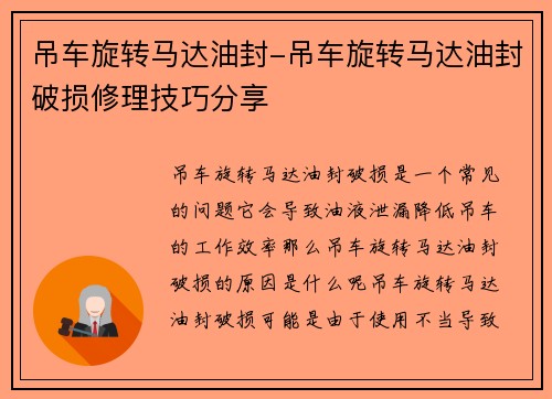 吊车旋转马达油封-吊车旋转马达油封破损修理技巧分享 吊车旋转马达油封-吊车旋转马达油封破损修理技巧分享