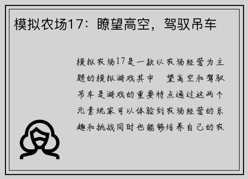 模拟农场17:瞭望高空,驾驭吊车 模拟农场17:瞭望高空,驾驭吊车