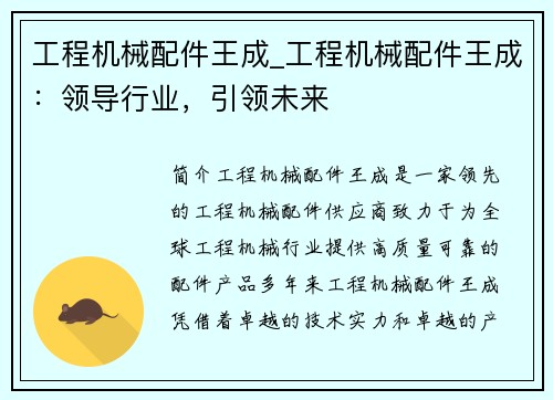 工程机械配件王成_工程机械配件王成:领导行业,引领未来 工程机械配件王成_工程机械配件王成:领导行业,引领未来