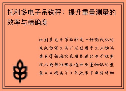 托利多电子吊钩秤:提升重量测量的效率与精确度 托利多电子吊钩秤:提升重量测量的效率与精确度